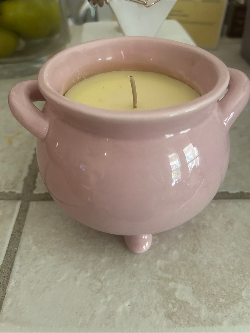 Pink Ceramic Candle Holder with Pale Yellow Candle - Hocus Pocus scented